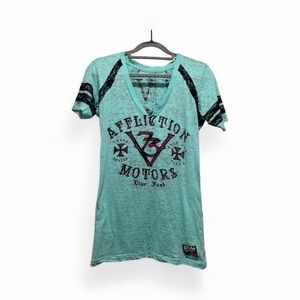 Affliction Teal and Black Graphic Burn Out Tee Size M